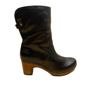 UGG Women’s Black Leather Sheepskin Lined Wooden-Heeled Mid-Calf Boots Size 7